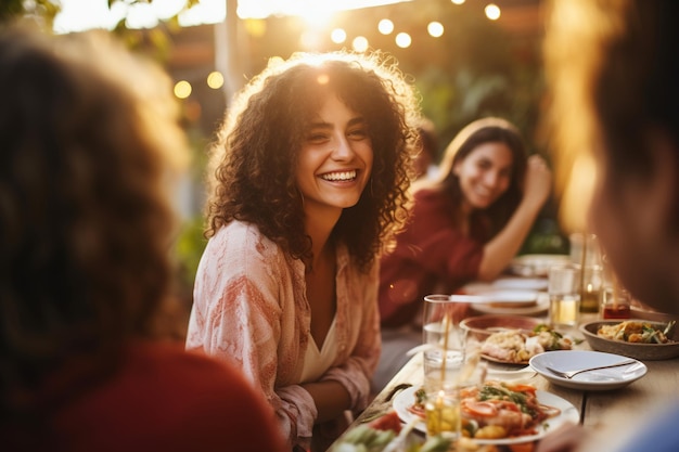 Mujer disfrutando con amigos en una cena al aire libre