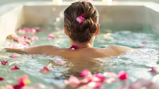 Mujer disfrutando de un baño aromático con pétalos de flores relajación consciente