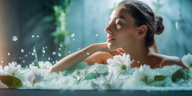 Una mujer disfrutando de un baño relajante con sales de baño coreanas.