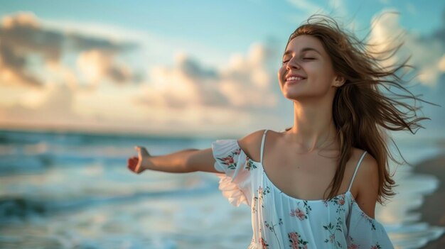 Foto mujer disfrutando de la brisa en la playa