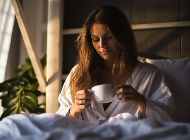 Mujer disfrutando del café del desayuno