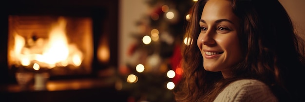 Mujer disfrutando del calor junto a la chimenea de Navidad