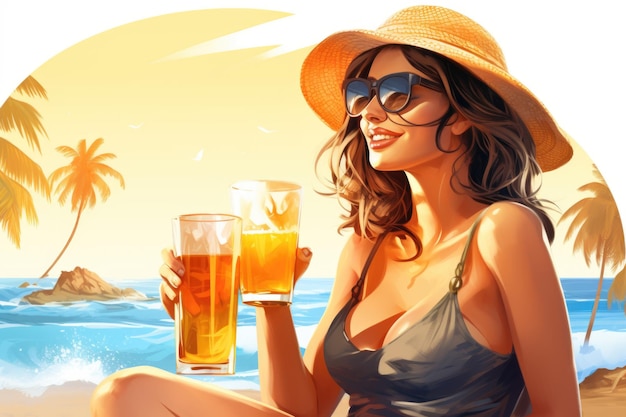 Mujer disfrutando de una cerveza en la playa