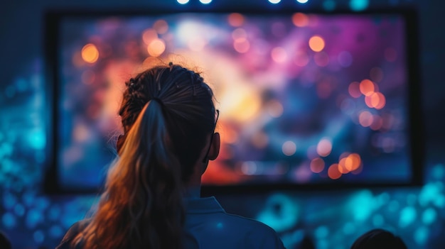 Mujer disfrutando de un concierto desde la perspectiva de la audiencia por la noche