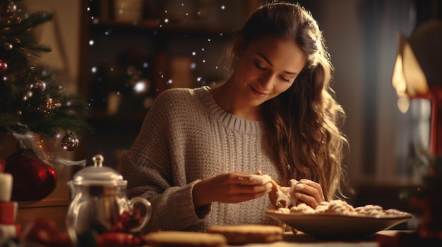 Una mujer disfrutando de un delicioso plato de galletas en una mesa acogedora