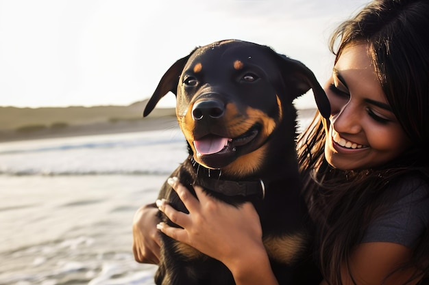 Mujer disfrutando de un día de verano en la playa con su rottweiler ai generativo