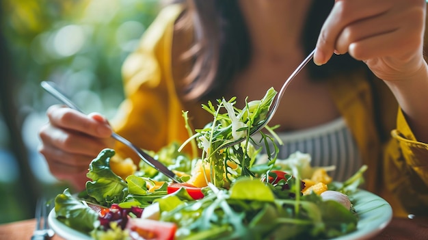 Una mujer disfrutando de una ensalada de jardín fresca