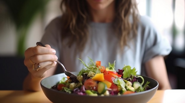 Mujer disfrutando de la ensalada en el restaurante vista de arriba hacia abajo