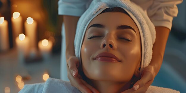 Mujer disfrutando de un masaje facial calmante en un spa para mejorar su piel radiante Concept Spa Day Masaje Facial Cuidado de la piel Relajación de la piel radiante
