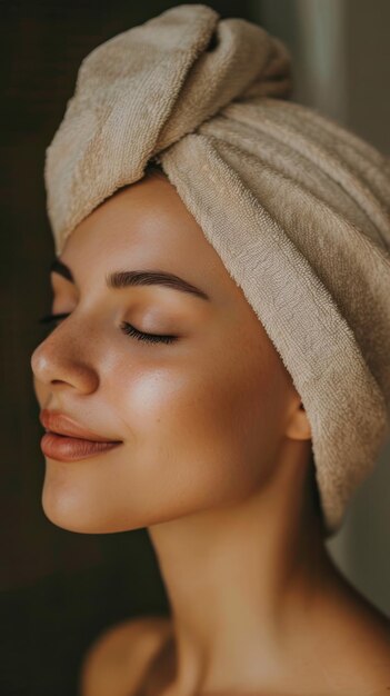 Foto mujer disfrutando de un masaje facial con una toalla en la cabeza