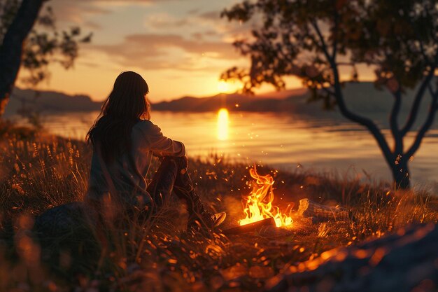 Mujer disfrutando de un momento de paz junto a una fogata