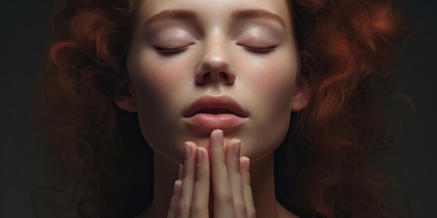 Mujer disfrutando de un momento de relajación con las manos cubriendo suavemente su rutina de cuidado de la piel con los ojos cerrados