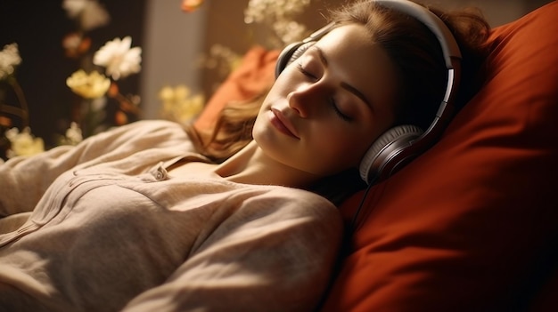 Mujer disfrutando de la música con auriculares mientras descansa en la cama Día Mundial del Libro