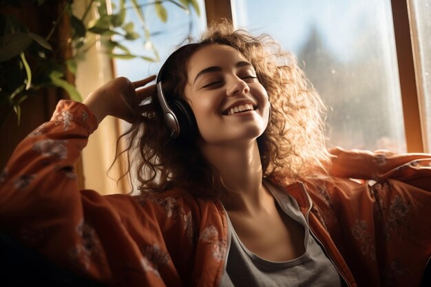 Foto mujer disfrutando de la música ia generativa