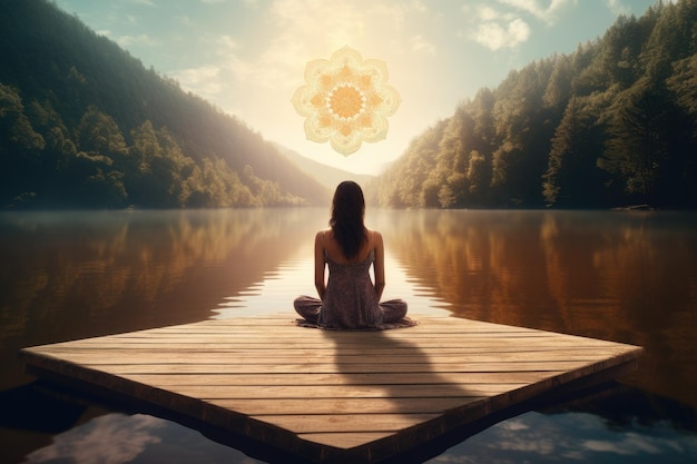 Una mujer disfrutando del paisaje pacífico mientras se sienta en un muelle frente a un lago sereno Una mujer joven meditando en un muellero de madera en la orilla de un lago Generado por IA