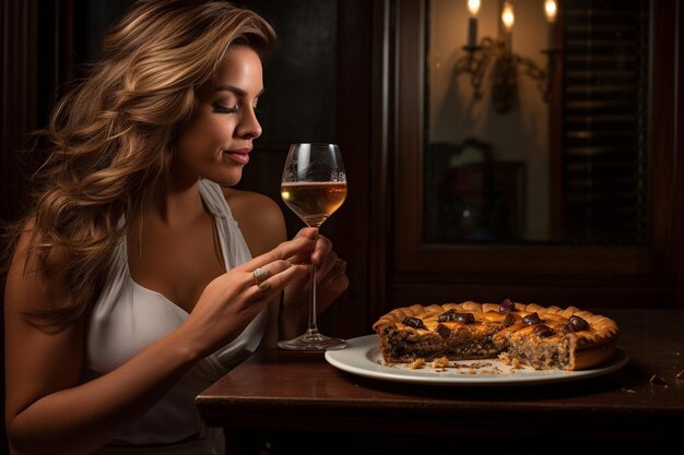 Una mujer disfrutando de una rebanada de pastel de merengue de limón clásico