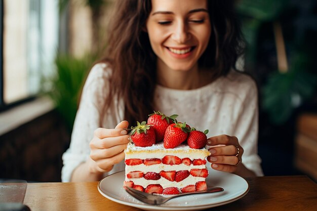 Foto una mujer disfrutando de una rebanada de pastel de merengue de limón clásico