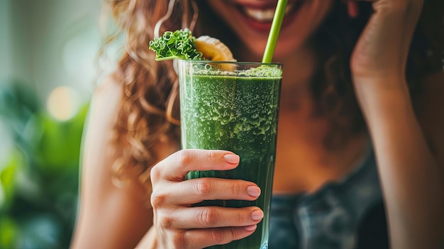 Foto una mujer disfrutando de un refrescante batido verde hecho con espinaca, coles, plátano y leche de almendra que promueve el bienestar y la vitalidad