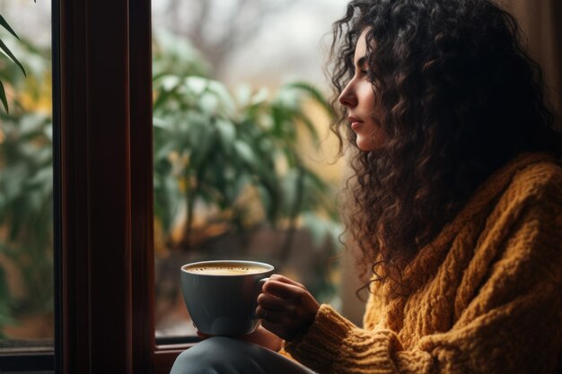 Mujer disfrutando de su café o té matutino mirando por la ventana lluviosa