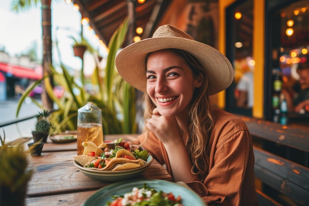 Mujer disfrutando de tacos en el patio de un restaurante