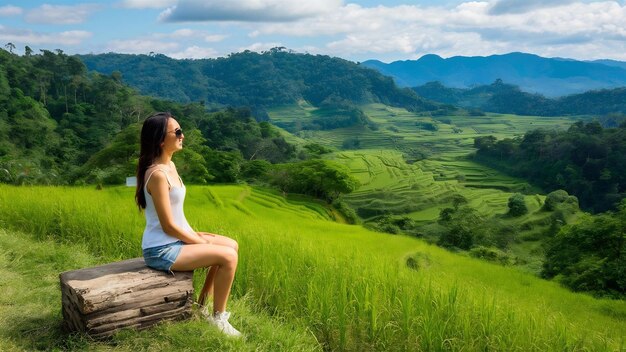 Mujer disfrutando de la terraza de arroz y el bosque verde en Nan, Tailandia