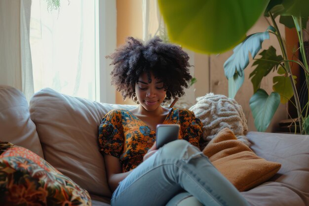 Mujer disfrutando del tiempo juntos en la acogedora sala de estar sonriendo mientras mira el teléfono en el sofá