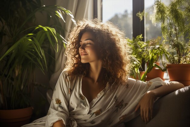 Mujer disfrutando de una tranquila hora del té en un asiento junto a la ventana iluminado por el sol