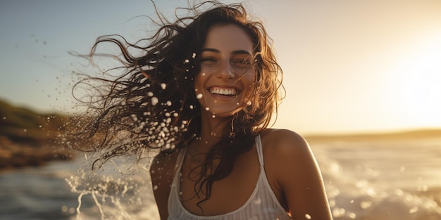 Mujer disfrutando de las vacaciones de verano en la playa