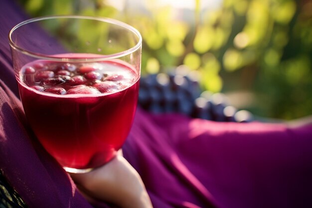 Una mujer disfrutando de un vaso de jugo de uva en un jardín iluminado por el sol