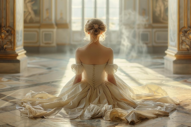 Mujer de distinción en vestido napoleónico de la época sentada en el centro en una amplia habitación iluminada b