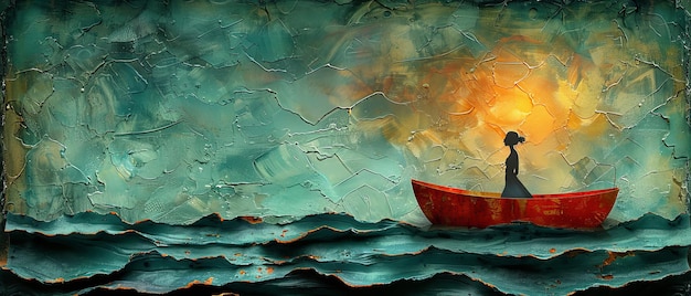 Una mujer divertida nadando en un barco mirando lejos en el fondo de la pintura en una imagen de cartel de collage en 3D