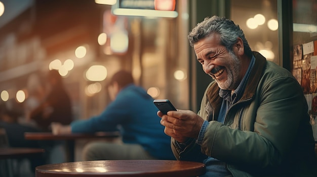 Mujer divertida riendo de la pantalla del teléfono en la iluminación cinematográfica