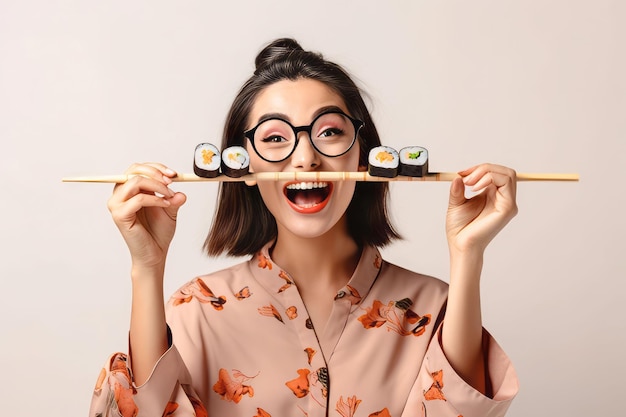 Foto mujer divertida sushi comida estilo de vida generar ai