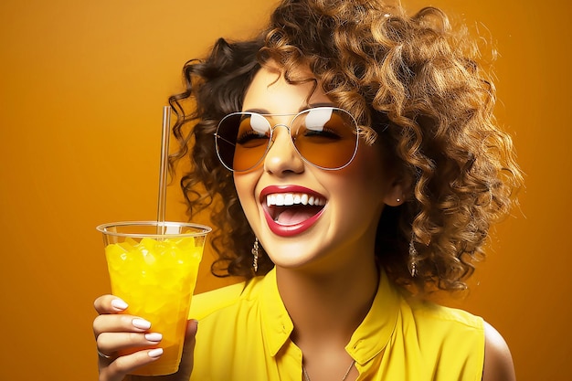 mujer divertida con vaqueros bebiendo cócteles aislado fondo de estudio de color amarillo