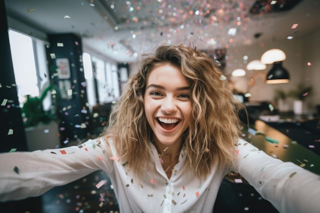 La mujer se divierte en la oficina sonriendo y celebrando la fiesta con confeti