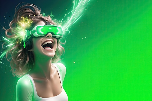 Mujer divirtiéndose en gafas de realidad virtual VR