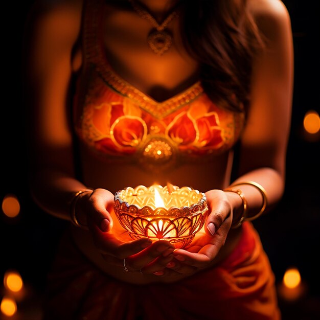 Foto la mujer con diya en las manos feliz fondo de diwali