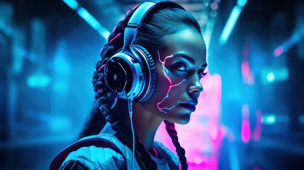 Mujer DJ cyberpunk futurista con auriculares azules de neón imagen generada por IA