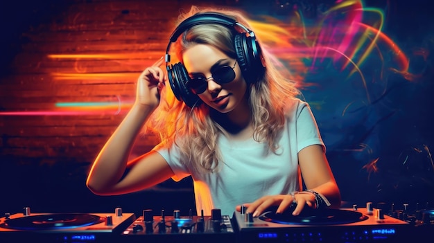 Foto mujer dj divirtiéndose tocando música en una fiesta de club imagen de ia generativa aig30