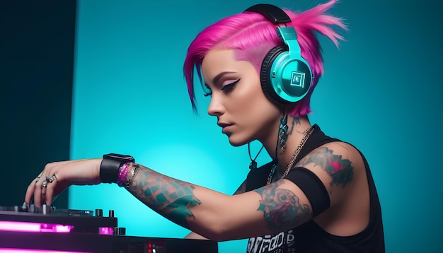 Foto mujer dj jugando y usando el mezclador cabello rosa
