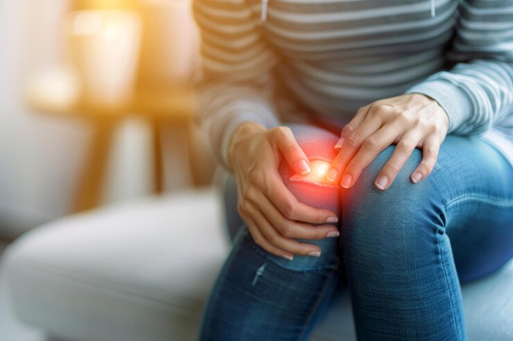Mujer con dolor agarrando la rodilla herida disparo de primer plano enfatizando el dolor de la rodilla