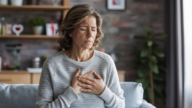 Mujer con dolor en el área del corazón ataque cardíaco doloroso en el pecho cuidado de la salud concepto médico alto r