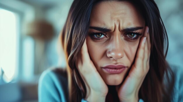 Foto mujer dolor de cabeza migraña migraña estrés migraña