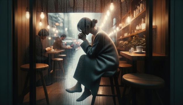 Mujer en dolor capturada desde afuera a través de una ventana de café salpicada de lluvia