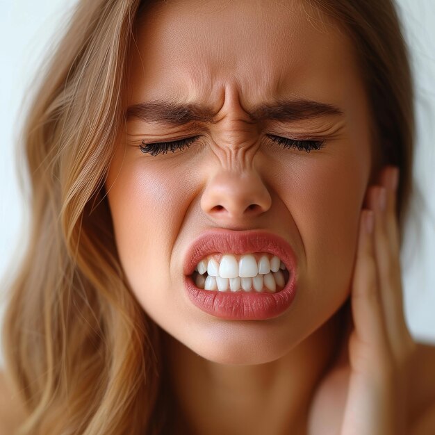 Foto mujer con dolor de dientes con las manos frente a la cara