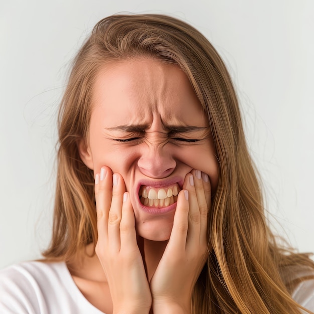 Foto mujer con dolor de dientes sosteniendo su cara