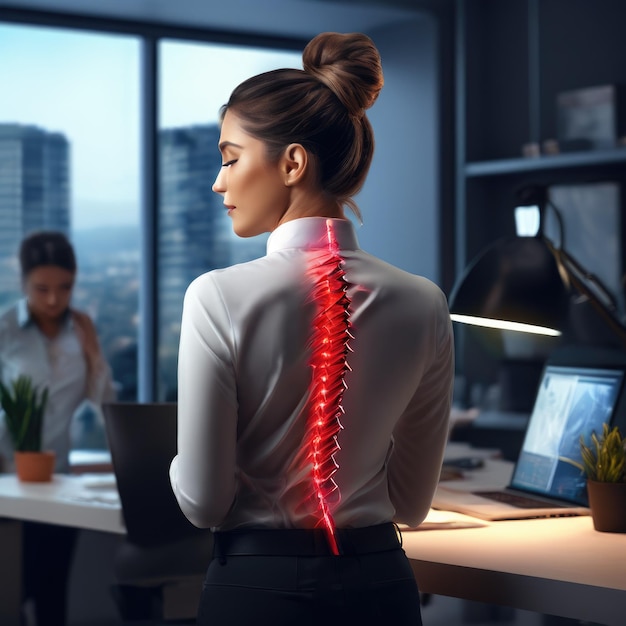 Mujer con dolor de espalda en el trabajo Concepto de ergonomía y salud