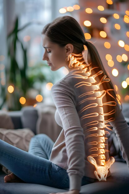 Foto mujer con dolor espinal visualizado sentada en el interior luces bokeh de fondo