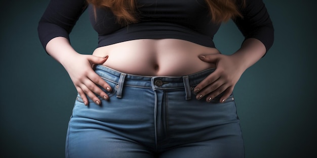 Foto mujer con dolor de estómago sostiene las manos en el vientre mujer con inflamación intestinal tocando el abdomen
