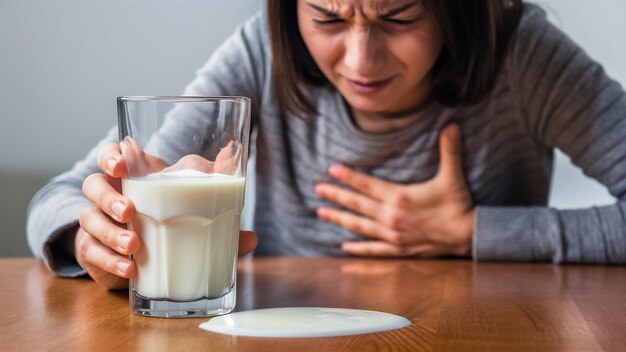 Foto mujer con dolor de estómago y un vaso de leche alergia a los lácteos intolerancia a la lactosa concepción